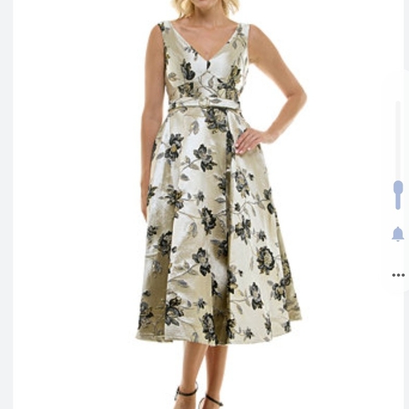 Taylor Dresses & Skirts - Taylor Ivory and Black Floral Midi Dress with Gold Accents